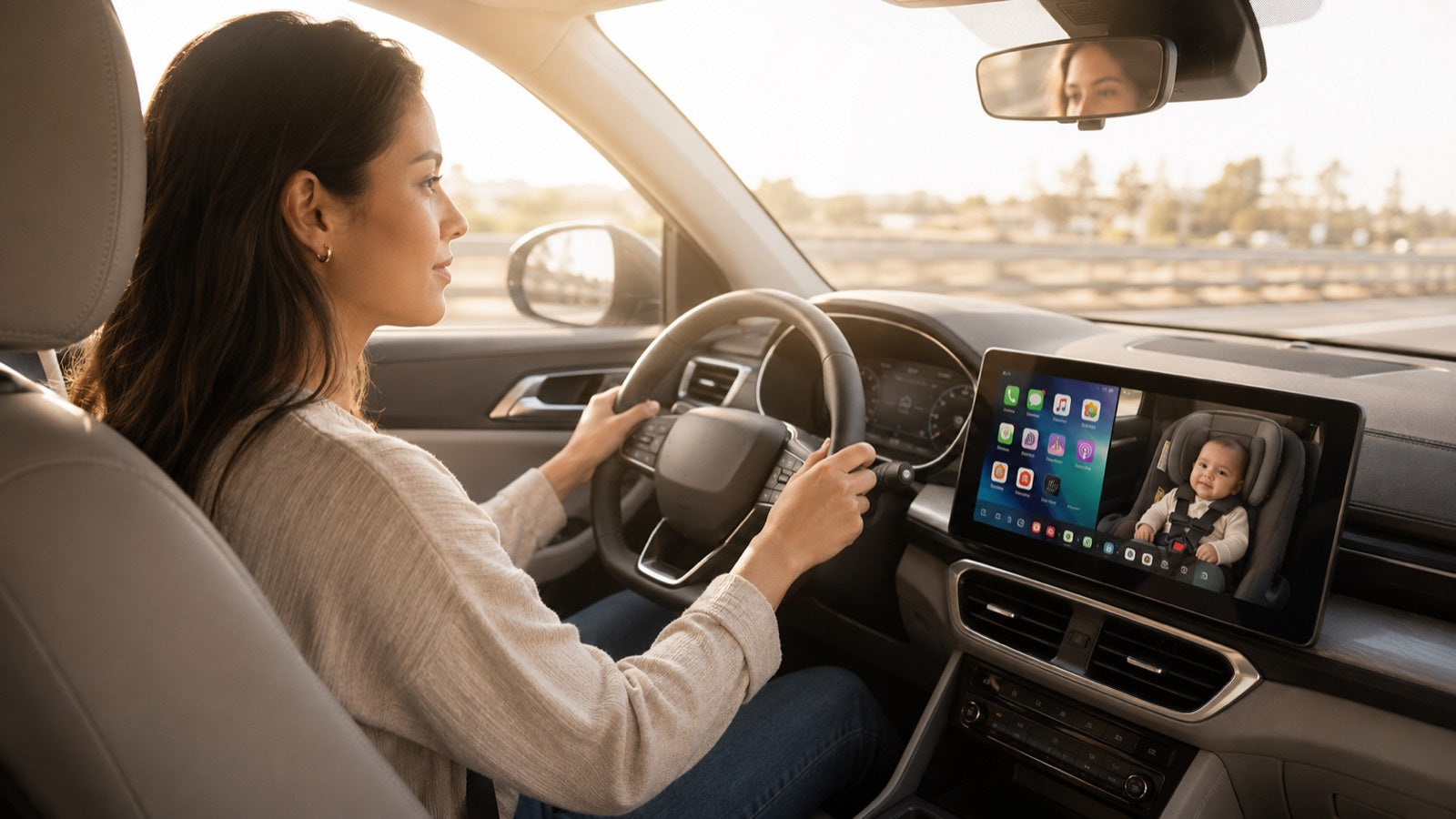 Mamá manejando mientras ve a su bebé en la pantalla CarPlay