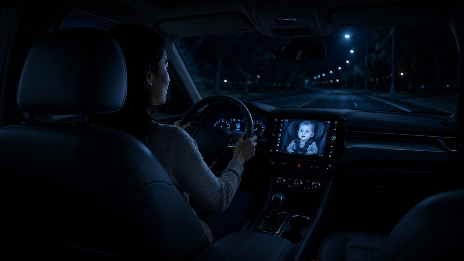 Interior del auto de noche con el bebé nítido en la pantalla