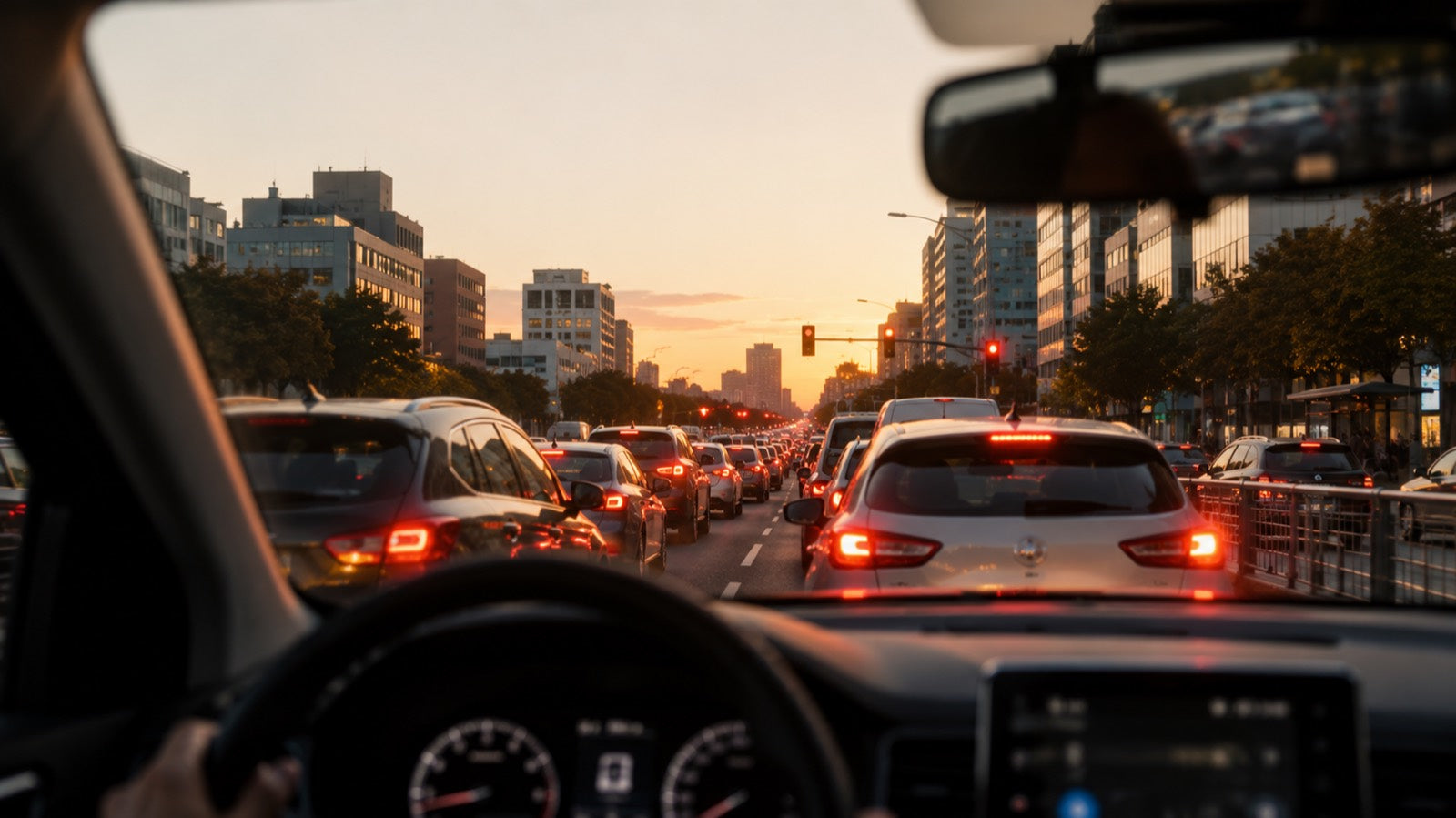 Taco urbano al atardecer visto desde el interior del auto